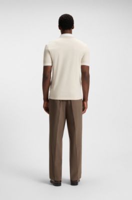 Structured-trim slim-fit polo shirt in mercerised cotton, Beige