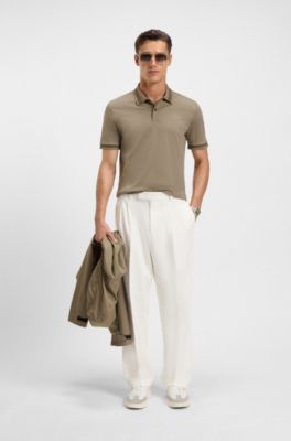 Structured-trim slim-fit polo shirt in mercerised cotton, Light Brown