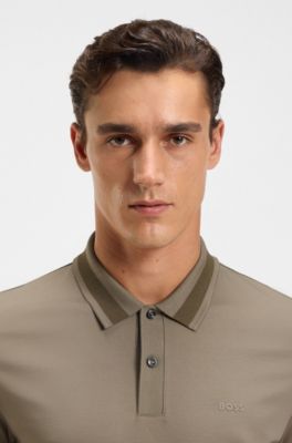 Structured-trim slim-fit polo shirt in mercerised cotton, Light Brown