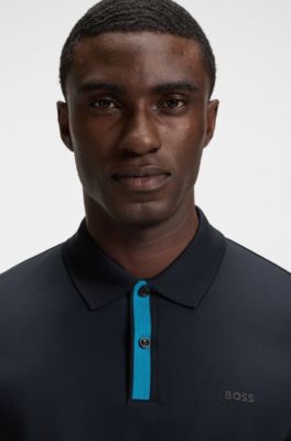 Structured-trim slim-fit polo shirt in mercerised cotton, Dark Blue