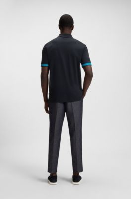 Structured-trim slim-fit polo shirt in mercerised cotton, Dark Blue