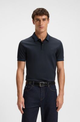 Structured-trim slim-fit polo shirt in mercerised cotton, Dark Blue