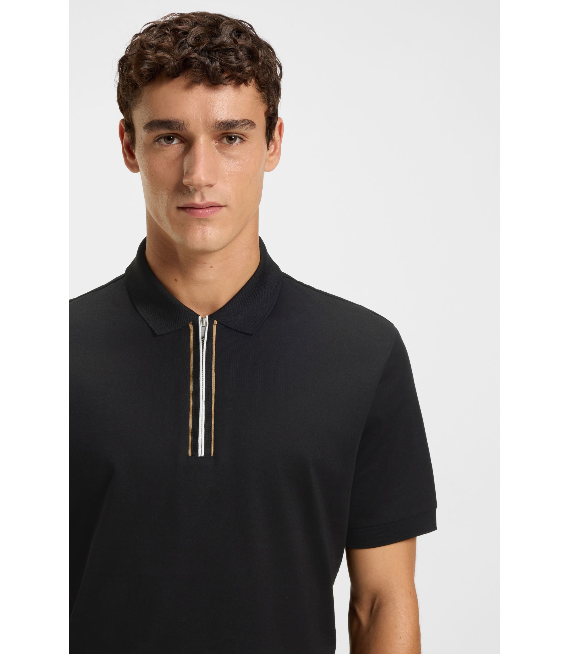 BOSS - Zip-placket polo shirt in mercerised cotton - Black