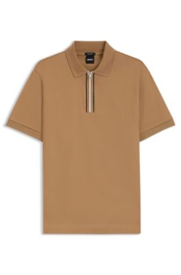 Zip-placket polo shirt in mercerised cotton, Beige