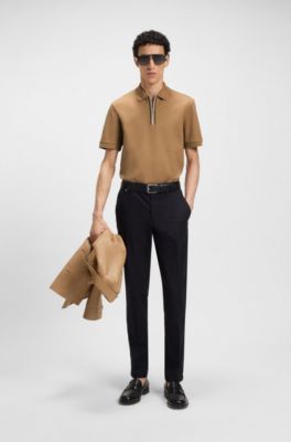 Zip-placket polo shirt in mercerised cotton, Beige