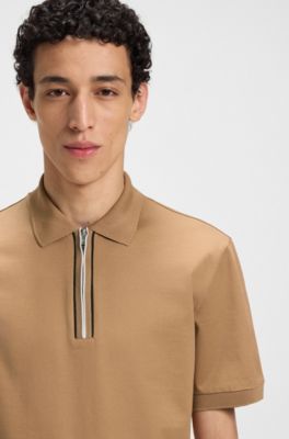 Zip-placket polo shirt in mercerised cotton, Beige