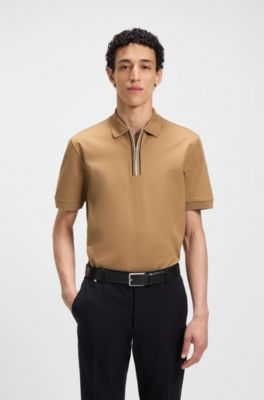 Zip-placket polo shirt in mercerised cotton, Beige