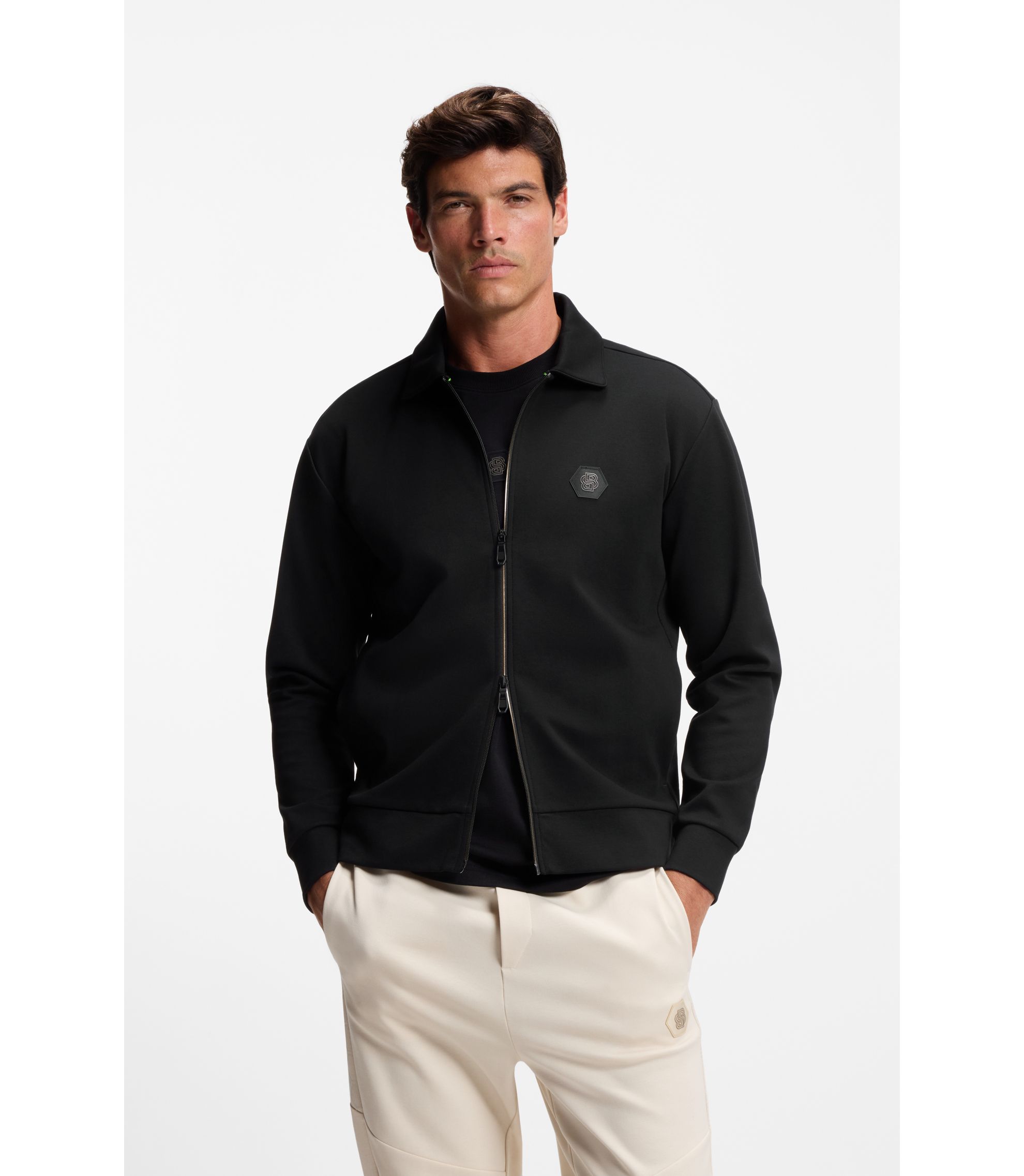 BOSS - Cotton-blend zip-up sweatshirt with Double B monogram - Black