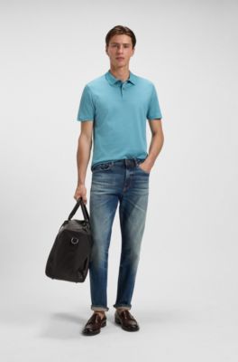 Geometric-jacquard polo shirt in mercerised cotton, Light Blue