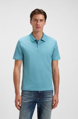 Geometric-jacquard polo shirt in mercerised cotton, Light Blue
