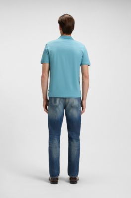 Geometric-jacquard polo shirt in mercerised cotton, Light Blue