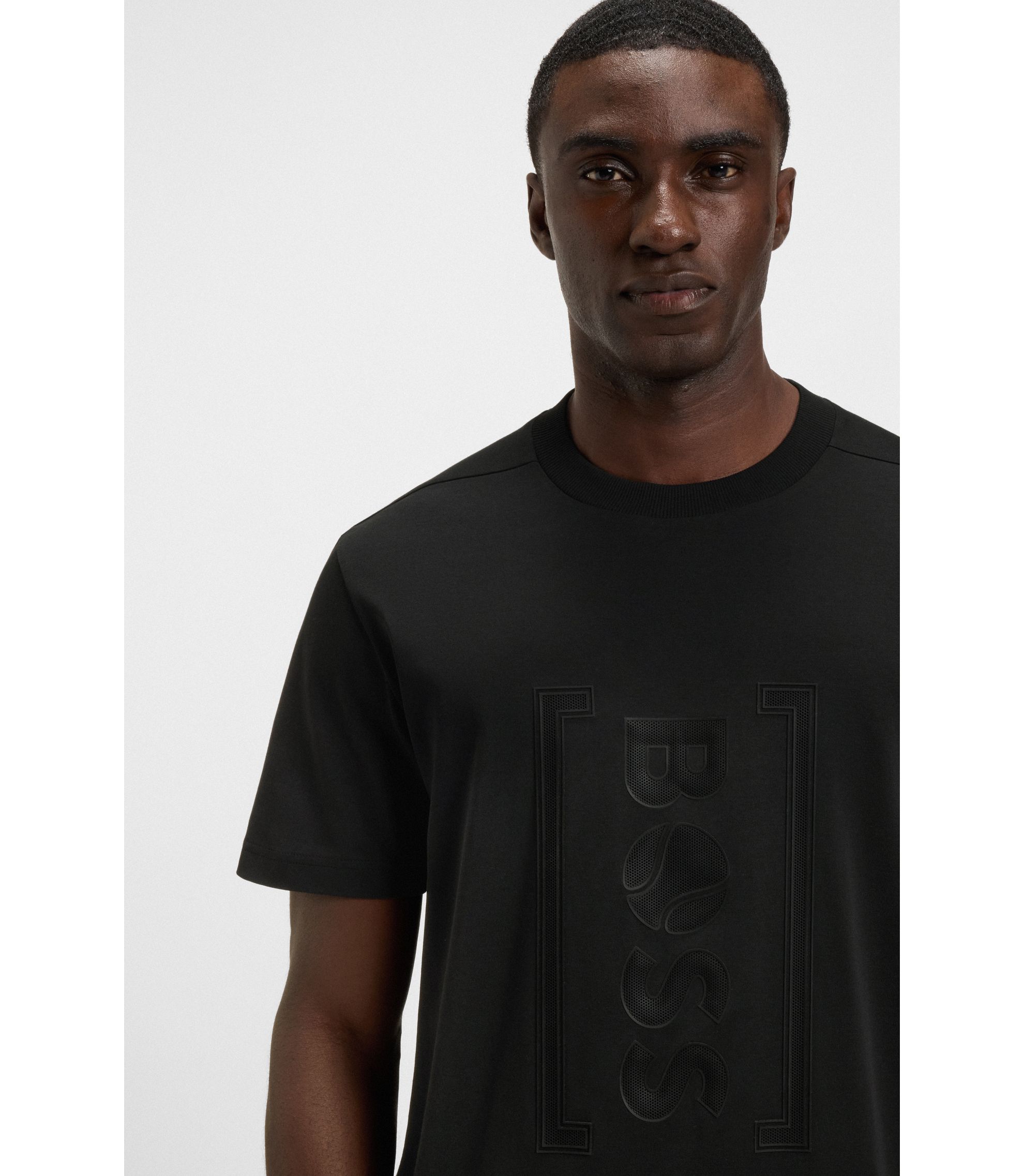 BOSS - Interlock-cotton T-shirt with mesh-print artwork - Black