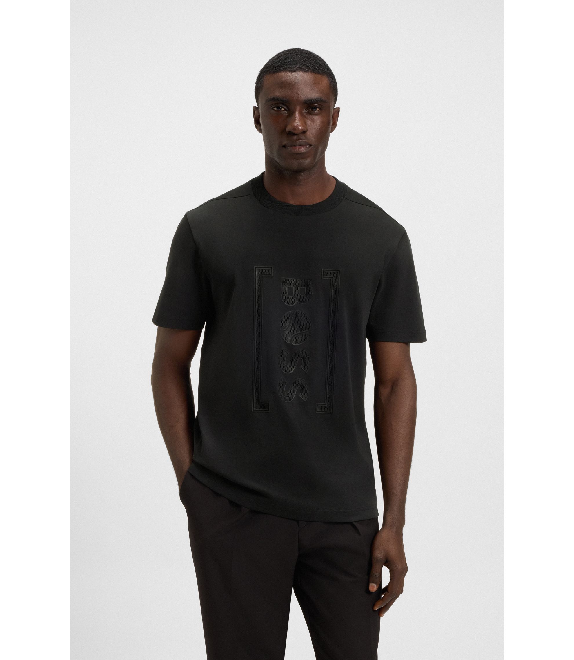 BOSS - Interlock-cotton T-shirt with mesh-print artwork - Black
