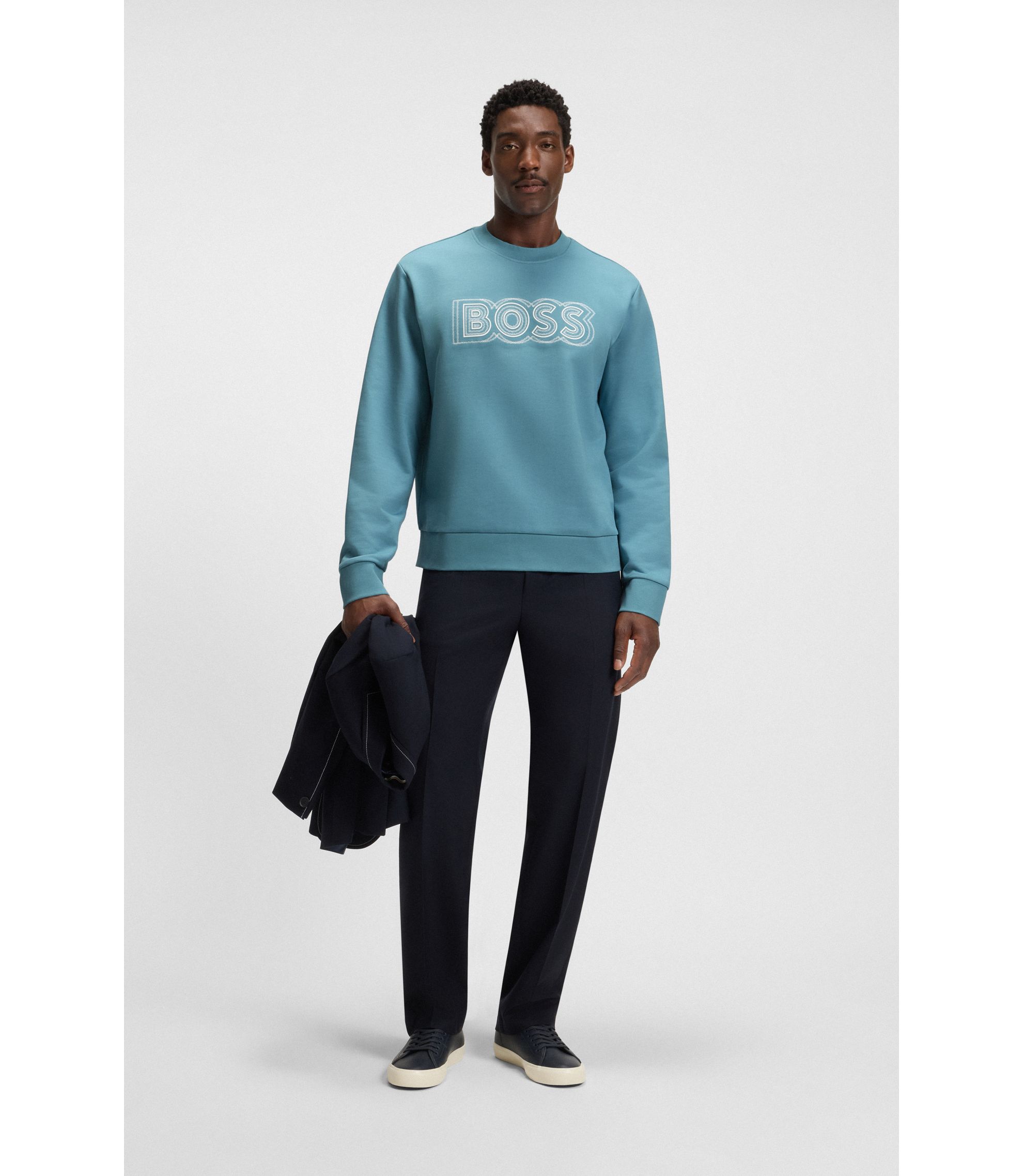HUGOBOSS ボス コットンテリースウェットシャツブルーロゴラベル BOSS - Cotton-terry sweatshirt with logo artwork - Light Blue