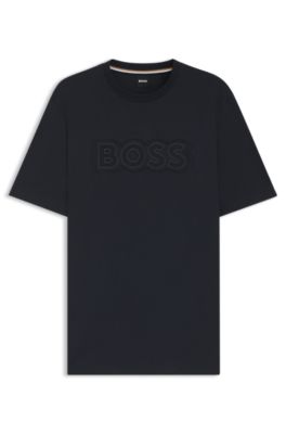 BOSS - Cotton T-shirt with logo artwork - Dark Blue
