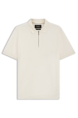 Polo de cuello con cremallera en jacquard de algod&oacute;n mercerizado y seda, Blanco