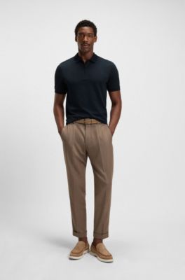 Regular Fit cotton-silk polo shirt with zip neck, Dark Blue