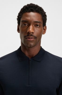 Regular Fit cotton-silk polo shirt with zip neck, Dark Blue