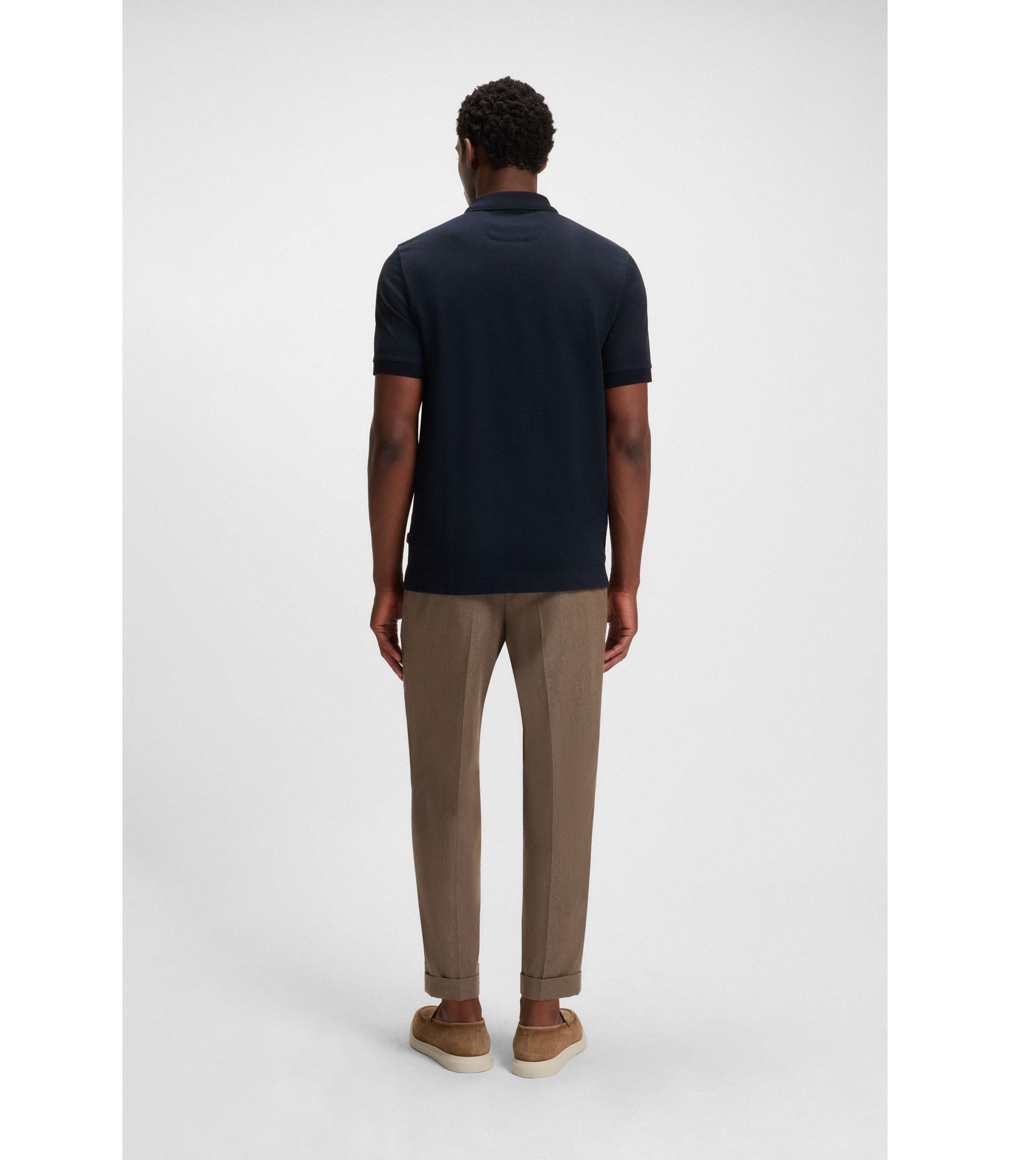BOSS - Regular Fit cotton-silk polo shirt with zip neck - Dark Blue