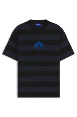 Striped-cotton T-shirt with Happy HUGO logo, Black