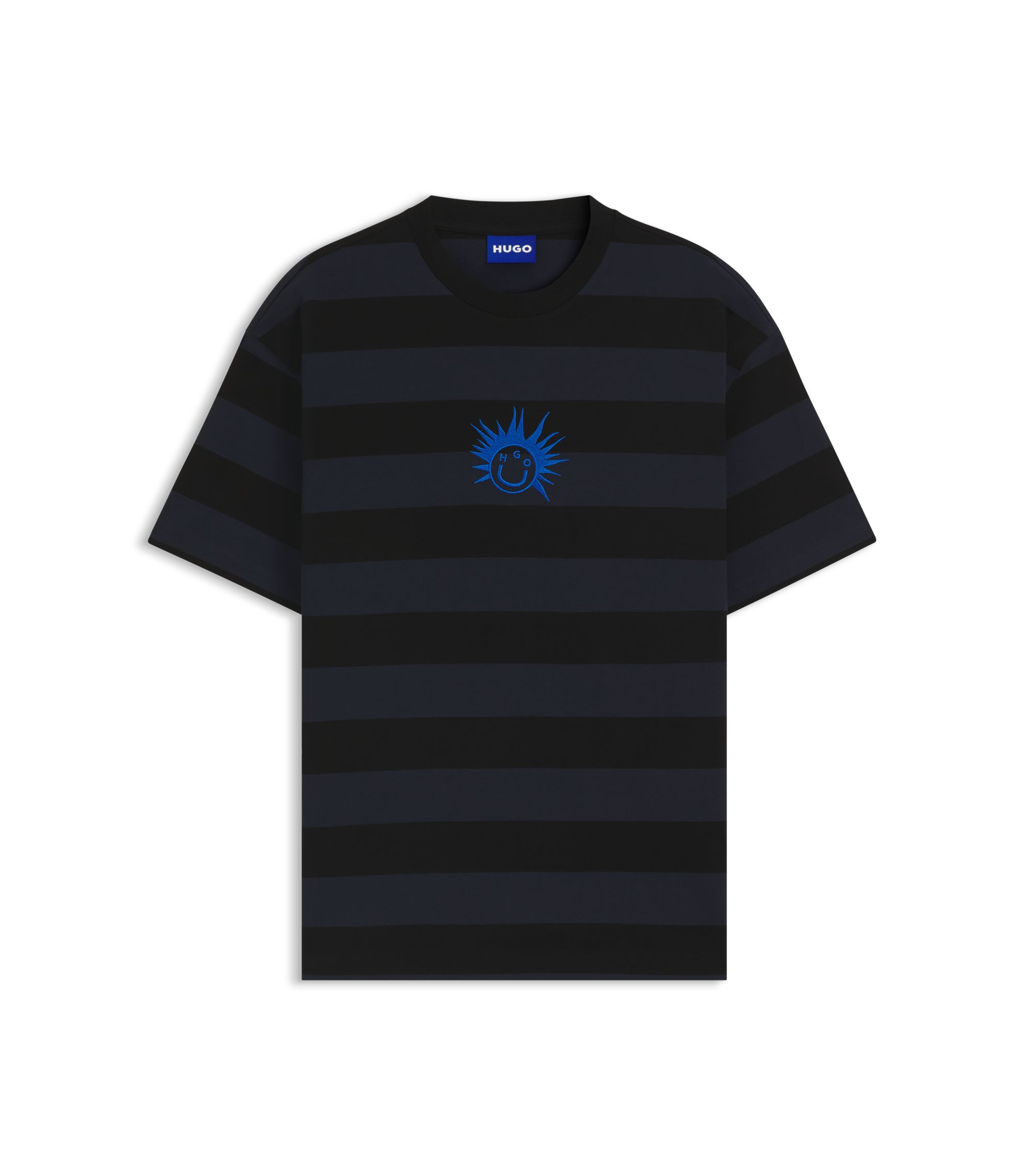 HUGO - Striped-cotton T-shirt with Happy HUGO logo - Black