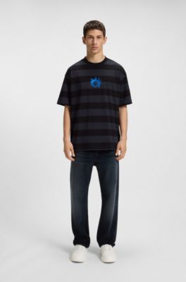 Striped-cotton T-shirt with Happy HUGO logo, Black