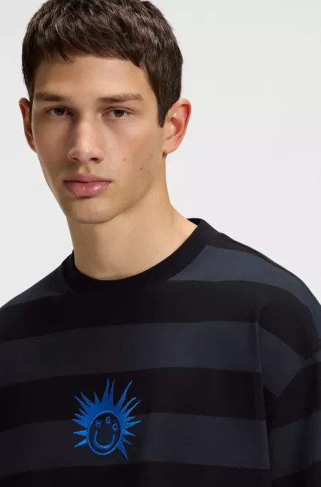 Striped-cotton T-shirt with Happy HUGO logo