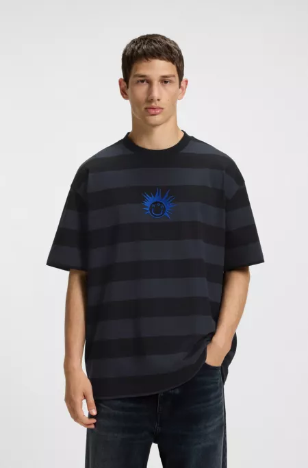 Striped-cotton T-shirt with Happy HUGO logo