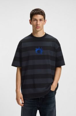Striped-cotton T-shirt with Happy HUGO logo, Black