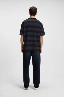 Striped-cotton T-shirt with Happy HUGO logo, Black
