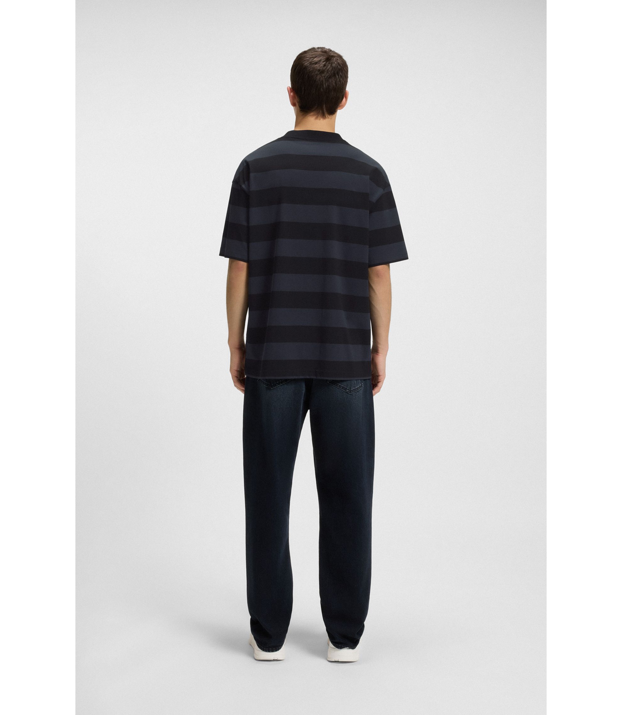 HUGO - Striped-cotton T-shirt with Happy HUGO logo - Black