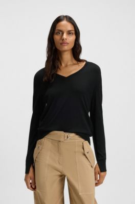 Jersey con cuello en pico y costuras caladas, Negro