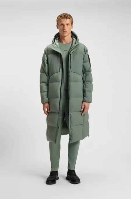 Down-filled long jacket with water-repellent finish
