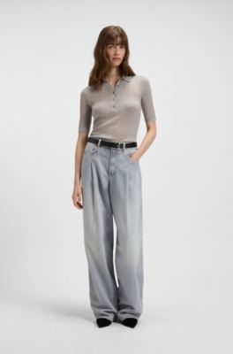 Polo-collar knit sweater in a wool blend, Silver