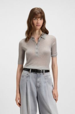 Polo-collar knit sweater in a wool blend, Silver