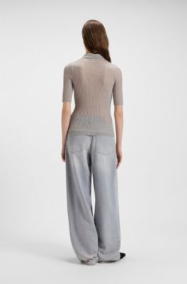 Polo-collar knit sweater in a wool blend, Silver