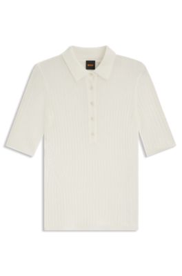 Polo-collar knit sweater in a wool blend, White