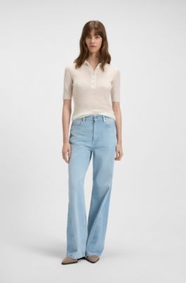 Polo-collar knit sweater in a wool blend, White