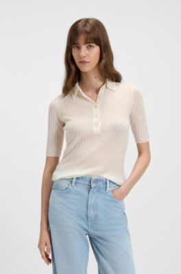 Polo-collar knit sweater in a wool blend, White