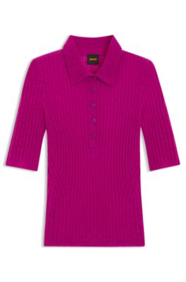 Polo-collar knit sweater in a wool blend, Dark pink