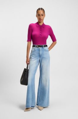 Polo-collar knit sweater in a wool blend, Dark pink