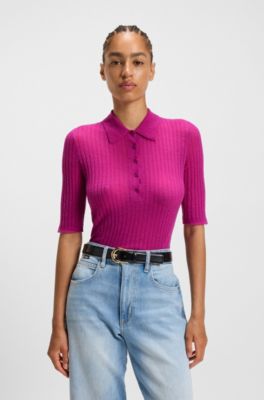 Polo-collar knit sweater in a wool blend, Dark pink