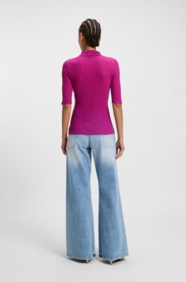 Polo en maille c&ocirc;tel&eacute;e de laine vierge m&eacute;lang&eacute;e, Rose fonc&eacute;