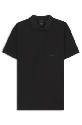 Zip-neck polo shirt in moisture-wicking fabric, Black