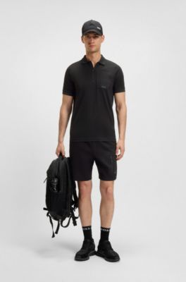 Zip-neck polo shirt in moisture-wicking fabric, Black