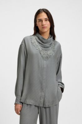 Oversized-fit blouse with fringing and logos, Grey