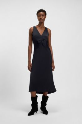 Gathered-front dress in crinkle satin, Dark Blue