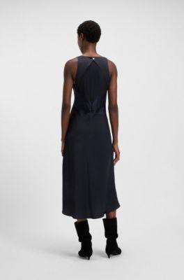 Gathered-front dress in crinkle satin, Dark Blue