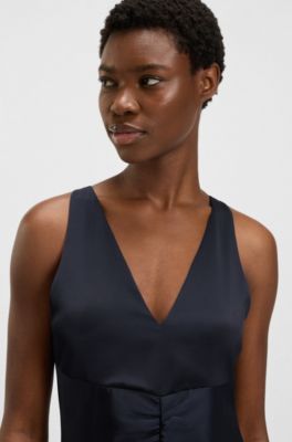 Gathered-front dress in crinkle satin, Dark Blue