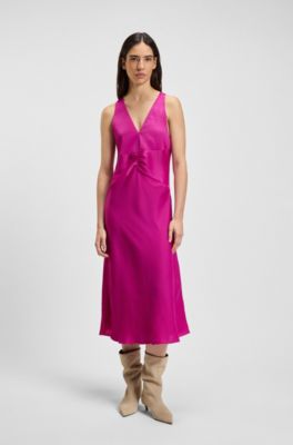 Gathered-front dress in crinkle satin, Dark pink